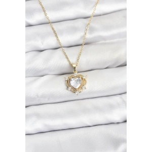 316L Çelik Zincir Gold Renk Kalp Model Zirkon Taşlı Kadın Kolye