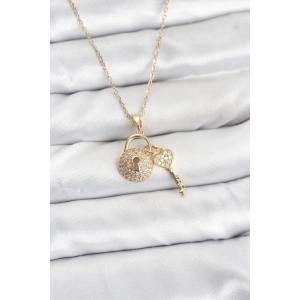 316L Çelik Zincir Gold Renk Kilit Anahtar Model Zirkon Taşlı Kadın Kolye