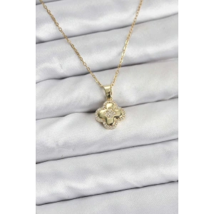 316L Çelik Zincir Gold Renk Zirkon Taşlı Yonca Model Kadın Kolye