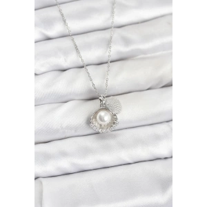 316L Çelik Zincir Gümüş Renk İncili Deniz Kabuğu Model Zirkon Taşlı Kadın Kolye