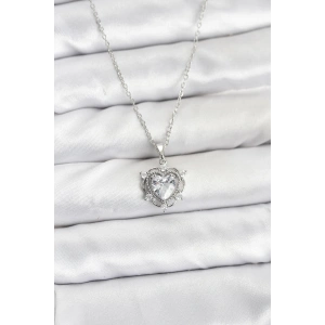 316L Çelik Zincir Gümüş Renk Kalp Model Zirkon Taşlı Kadın Kolye