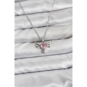 316L Çelik Zincir Gümüş Renk Kanatlı Kalp Model Zirkon Taşlı Kadın Kolye