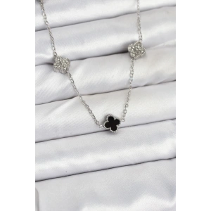 316L Çelik Zincir Gümüş Renk Siyah ve Zirkon Taşlı Baby Boy Yonca Kadın Kolye