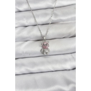 316L Çelik Zincir Gümüş Renk Teddy Bear Model Zirkon Taşlı Kadın Kolye