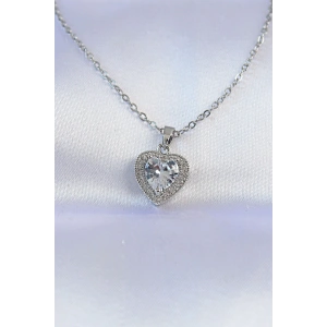316L Çelik Zincir Gümüş Renk Zirkon Taşlı Charm Kalp Kolye