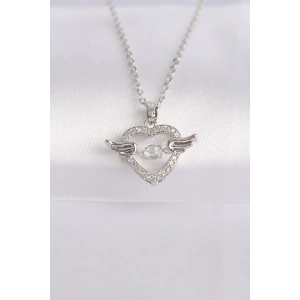316L Çelik Zincir Gümüş Renk Zirkon Taşlı Kanatlı Kalp Kolye