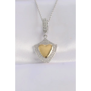316L Çelik Zincir Gümüş Renk Zirkon Taşlı Tasarım Altın Renk Kalp Kolye