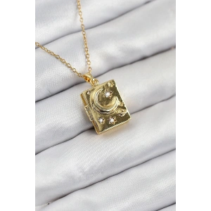 316L Çelik Zirkon Taşlı Açılabilr Kapaklı Kitap Model Gold Renk Kadın Kolye