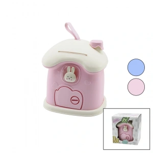 BÜYÜK=18X16X18CM EV MODELİ KİLİTLİ RENKLİ PLASTİK ÇOCUK KUMBARA TAVŞAN FİGÜRLÜ (5047)