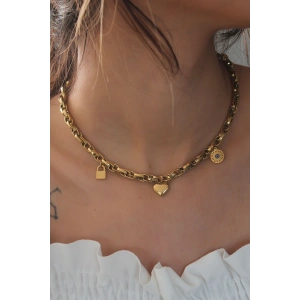 Çelik Gold Renk Kalın Zincir Model Kalp Figür Kadın Kolye