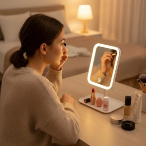 Dokunmatik LED Işıklı Kare Makyaj Aynası – Altı Organizer Kaseli, Ayarlanabilir Aydınlatmalı Masaüstü Makyaj ve Cilt Bakım Aynası (5047)