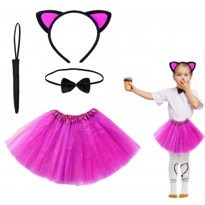 Fuşya Renk Etekli Kedi Kostüm Seti (Tütü, Taç, Papyon, Kuyruk)