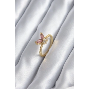 Gold Renk Pembe Zirkon Taşlı Kelebek Model Kadın Yüzük