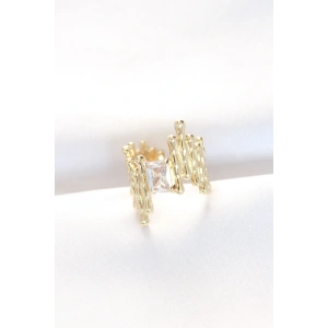 Gold Renk Tırtıklı Kalın Baget Taş Tasarım Ayarlanabilir Yüzük