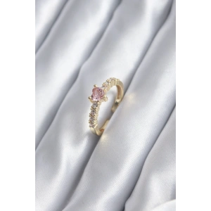 Gold Renk Zirkon Taşlı Pembe Kristal Kalp Model Kadın Yüzük