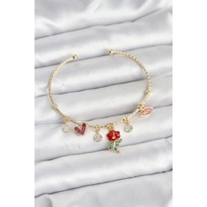 Gül Charmlı Gold Renk Pirinç Kadın Bileklik