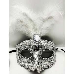 Gümüş Renk Payetli Pullu Tüylü Parti Maskesi 17x20 cm (5047)