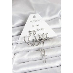 Gümüş Renk Pirinç 6lı Kadın Küpe Seti