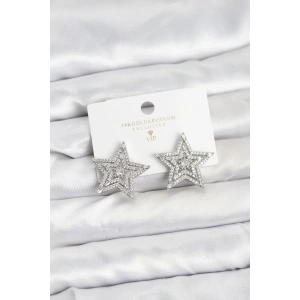 Gümüş Renk Pirinç Zirkon Taşlı Yıldız Model Kadın Küpe