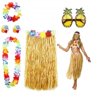 Hawaii Parti Kostüm Seti - 60 cm Hasır Etek, Çiçekli Aksesuarlar ve Ananas Gözlük