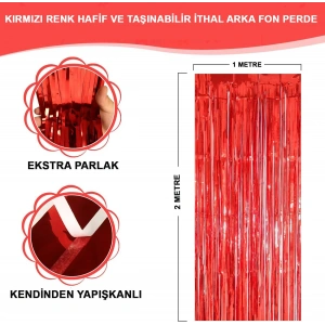 Kırmızı Renk Ekstra Metalize Parlak Saçaklı Arka Fon Perde İthal A Kalite 1x2 Metre (5047)