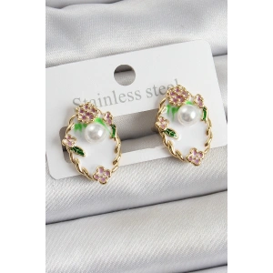 Pirinç Beyaz Mineli İnci Detaylı Sanatsal Portre Model Gold Renk Kadın Küpe