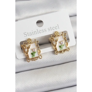 Pirinç Beyaz Mineli Sanatsal Portre Model Gold Renk Kadın Küpe