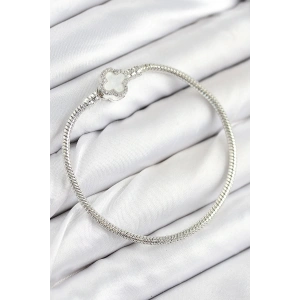 Pirinç Charm Zirkon Taşlı Yonca Model Gümüş Renk Kadın Bileklik