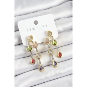 Pirinç Çoklu Damla Model Karşık Zirkon Taşlı Gold Ve Gümüş Renk Kadın Küpe