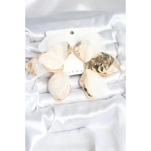 Pirinç Gold Renk Beyaz Tüllü Lotus Kadın Küpe