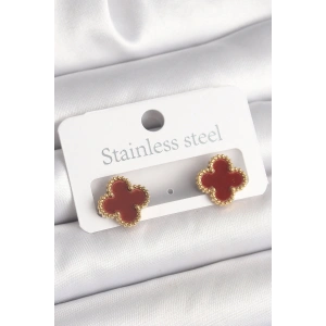 Pirinç Gold Renk Bordo Yonca Model Kadın Küpe