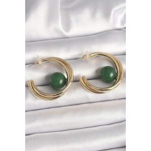 Pirinç Gold Renk Halka Model Yeşil Boncuk Detay Kadın Küpe