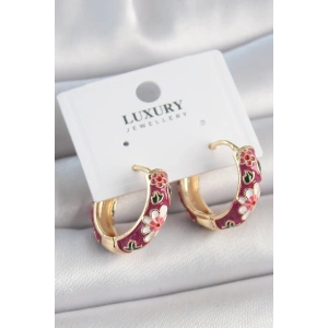 Pirinç Gold Renk Halka Mor Çiçek Mineli Kadın Küpe