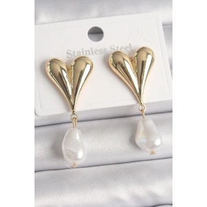 Pirinç Gold Renk Kalp Model Sallantı İnci Damla Model Kadın Küpe