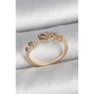 Pirinç Gold Renk Pembe Damla Zirkon Taşlı Ayarlanabilir Kadın Yüzük