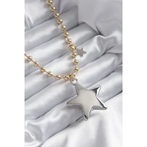 Pirinç Gold Renk Topçuk Zincir Gümüş 3D Yıldız Model Yıldız Detay VİP Kadın Kolye