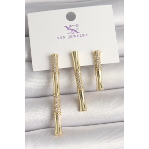Pirinç Gold Renk Zirkon Taşlı Bambu Model 3Lü Kadın Kombin Küpe