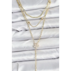 Pirinç Gold Renk Zirkon Taşlı Çiçek Model Detaylı 3lü Kombin Y Kadın Kolye