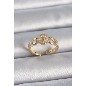 Pirinç Gold Renk Zirkon Taşlı İncili Kalp İşleme Detay Ayarlanabilir Kadın Yüzük