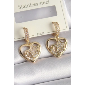 Pirinç Gold Renk Zirkon Taşlı Kalp Model Ay Yıldız İşleme Kadın Küpe