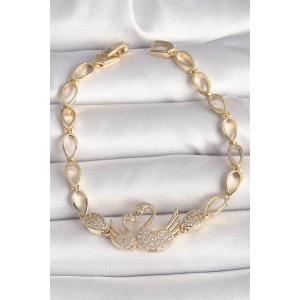 Pirinç Gold Renk Zirkon Taşlı Kuğu Figür Damla Zincir Model Kadın Bileklik