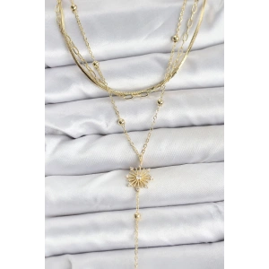 Pirinç Gold Renk Zirkon Taşlı Model Detaylı 3lü Kombin Y Kadın Kolye