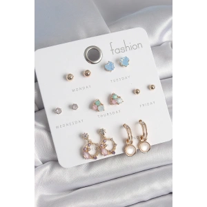 Pirinç Gold Renk Zirkon Taşlı Sallantı Halka Figür Kalp Detay 7 Çift Kadın Küpe