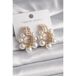 Pirinç Gold Renk Zirkon Taşlı Su Yolu İncili Halka Model Kadın Küpe