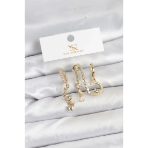 Pirinç Gold Renk Zirkon Taşlı Uzay Model YSX Trio Küpe Seti