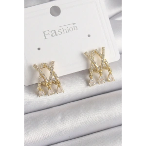 Pirinç Gold Renk Zirkon Taşlı X Model Sallantı Detay Kadın Küpe
