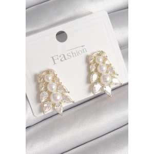 Pirinç Gold Renk Zirkon Taşlı Yaprak Model İnci Detay Kadın Küpe