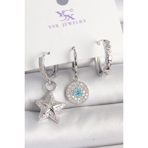 Pirinç Gold Renk Zirkon Taşlı Yıldız Model Nazar Boncuk Detay 3Lü Kadın Kombin Küpe