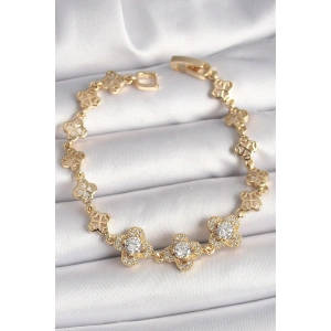 Pirinç Gold Renk Zirkon Taşlı Yonca Model Kadın Bileklik