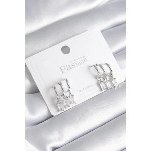 Pirinç Gümüş Renk 3lü Sallantı Zirkon Taşlı Küpe